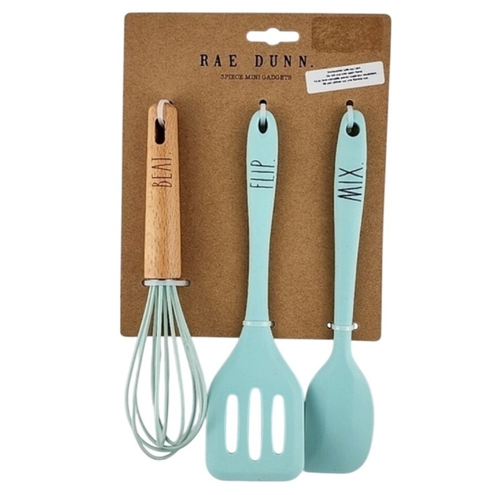 NWT Rae Dunn 3 Piece Mini Kitchen Gadgets Set Aqua Beat Flip Mix